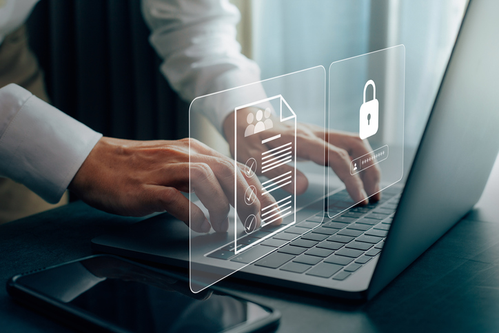 Businessmen protecting personal data on laptop and virtual interfaces. advanced email security